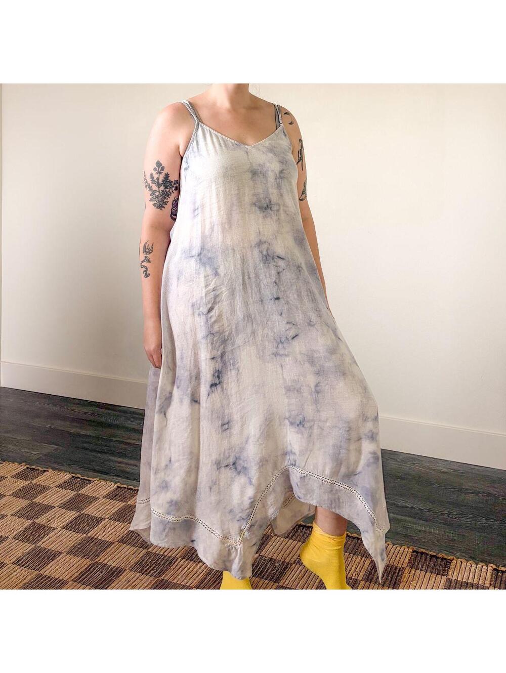 Boho Fairycore Tie Dye Dress Linen Blend Handkerchief Hem Beachy Coastal